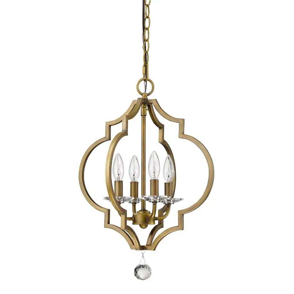 Brass Candle Style Four Light Metal and Crystals Dimmable Chandelier - Homeroots - Flyclothing LLC