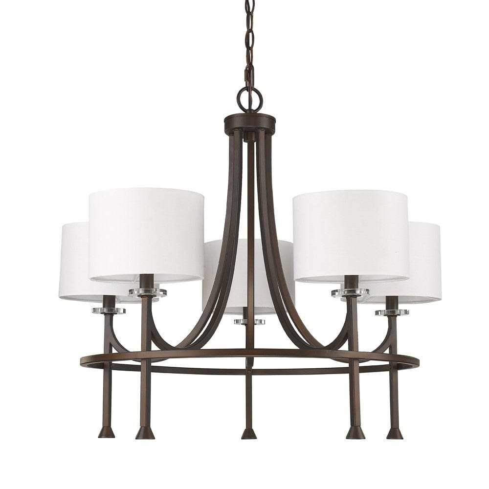 Brown Candle Style Five Light Metal and Crystals Dimmable Chandelier With White Shades - Homeroots - Flyclothing LLC