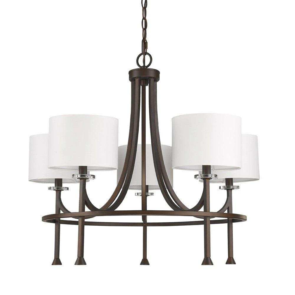 Brown Candle Style Five Light Metal and Crystals Dimmable Chandelier With White Shades - Homeroots - Flyclothing LLC
