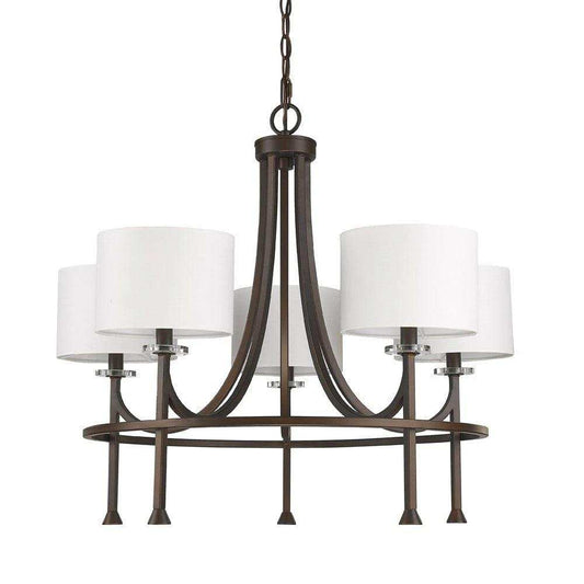 Brown Candle Style Five Light Metal and Crystals Dimmable Chandelier With White Shades - Homeroots - Flyclothing LLC