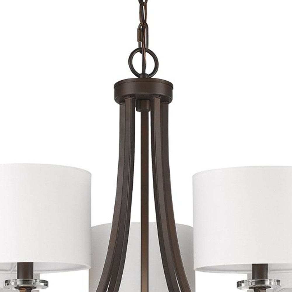 Brown Candle Style Five Light Metal and Crystals Dimmable Chandelier With White Shades - Homeroots - Flyclothing LLC