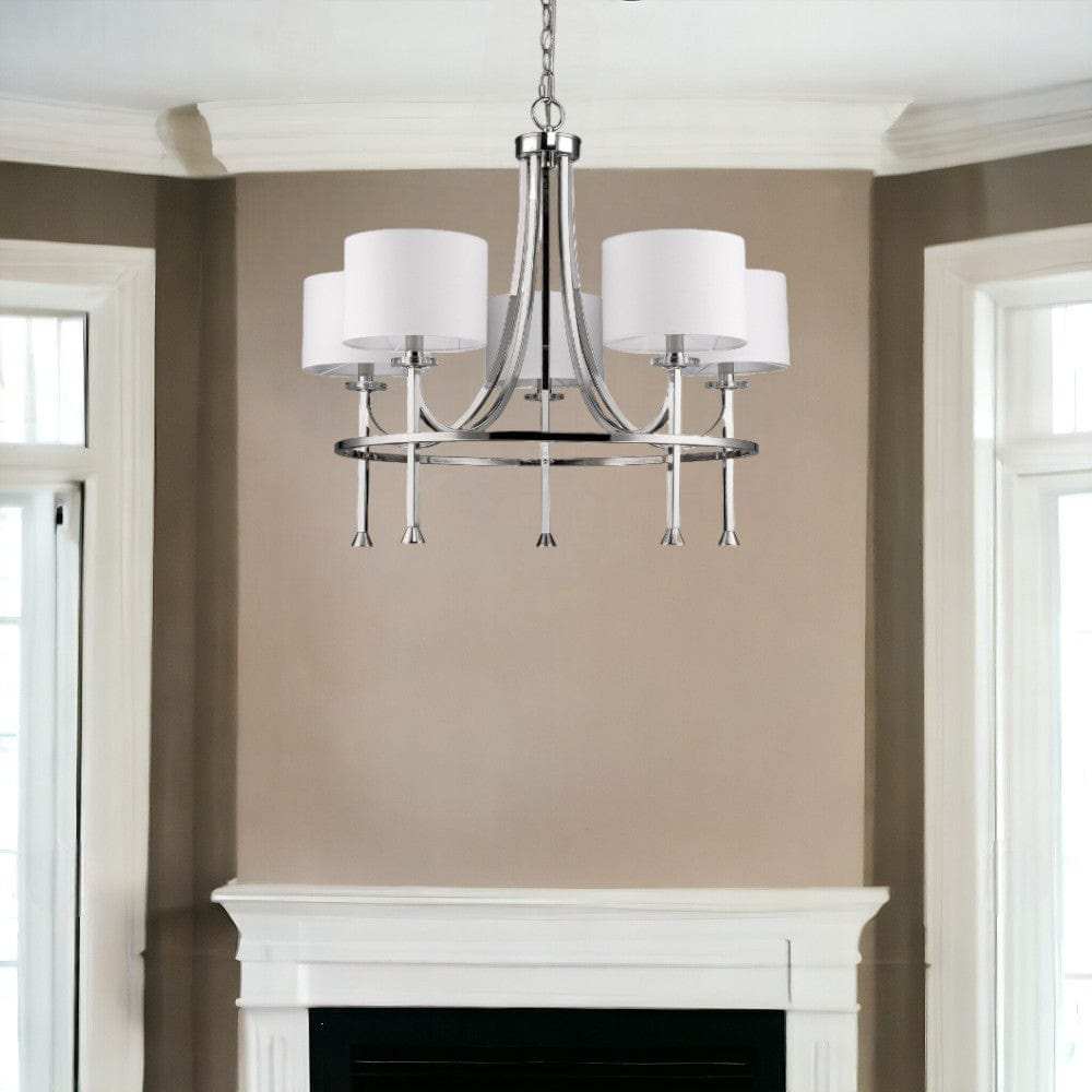 Silver Candle Style Five Light Metal and Crystals Dimmable Chandelier With White Shades - Homeroots - Flyclothing LLC
