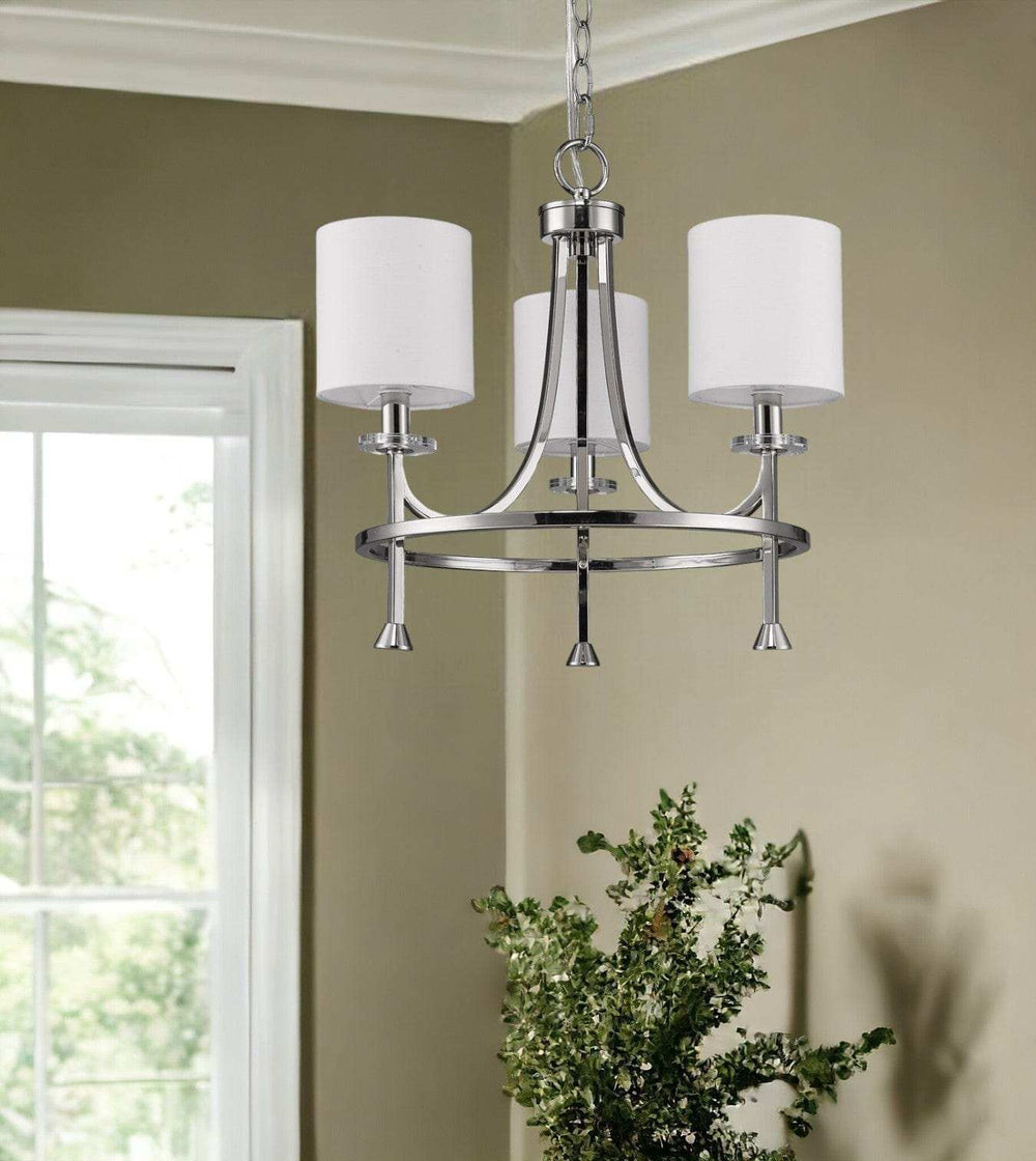 Silver Candle Style Three Light Metal Dimmable Chandelier With White Shades - Homeroots - Flyclothing LLC