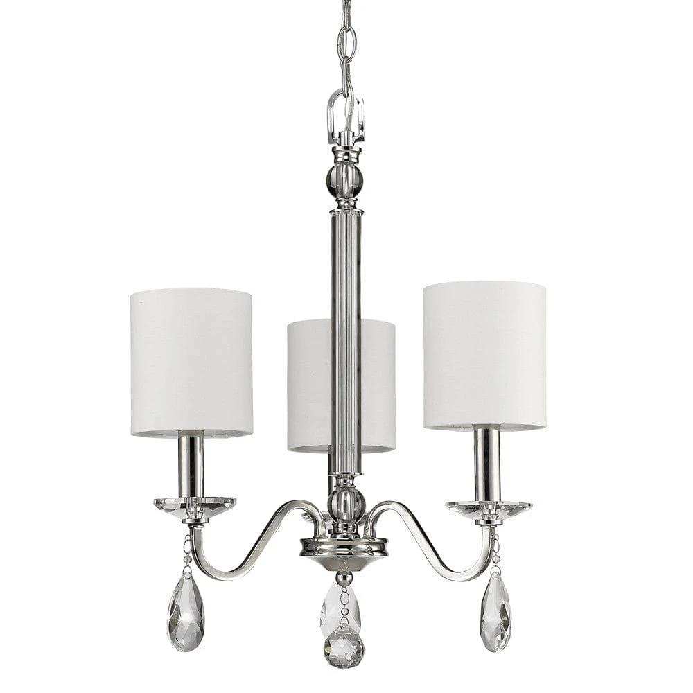 Silver Candle Style Three Light Metal and Crystals Dimmable Chandelier With White Shades - Homeroots - Flyclothing LLC