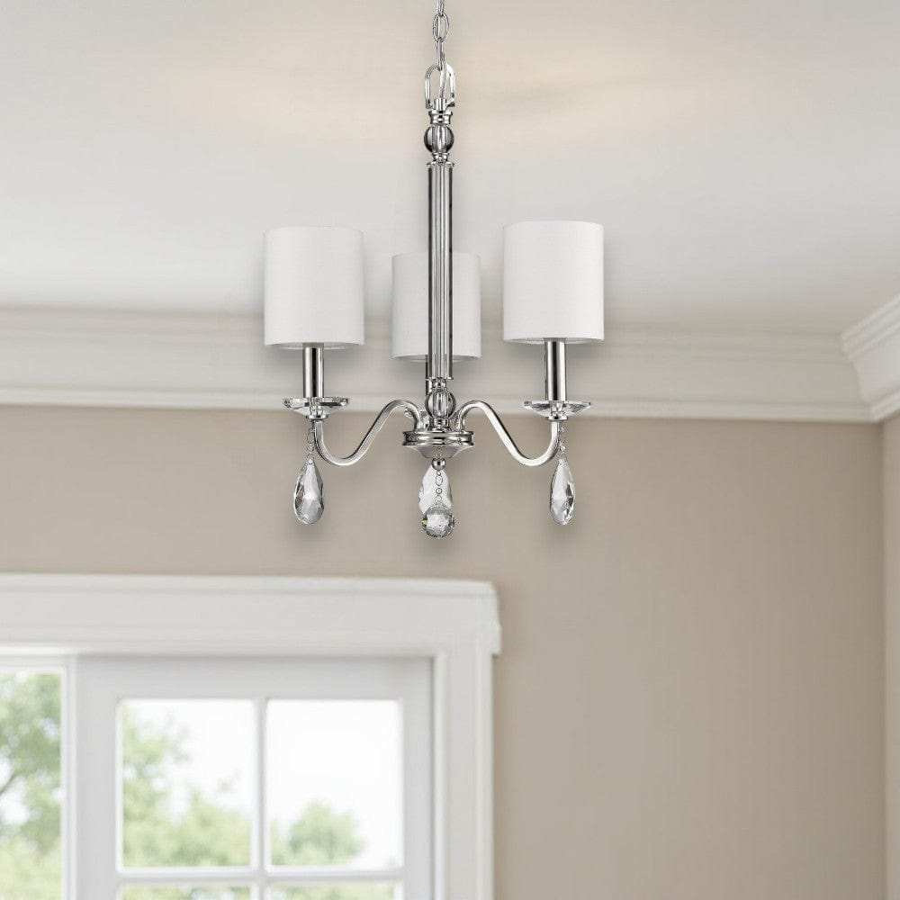Silver Candle Style Three Light Metal and Crystals Dimmable Chandelier With White Shades - Homeroots - Flyclothing LLC