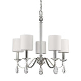 Silver Candle Style Five Light Metal and Crystals Dimmable Chandelier With White Shades - Homeroots - Flyclothing LLC