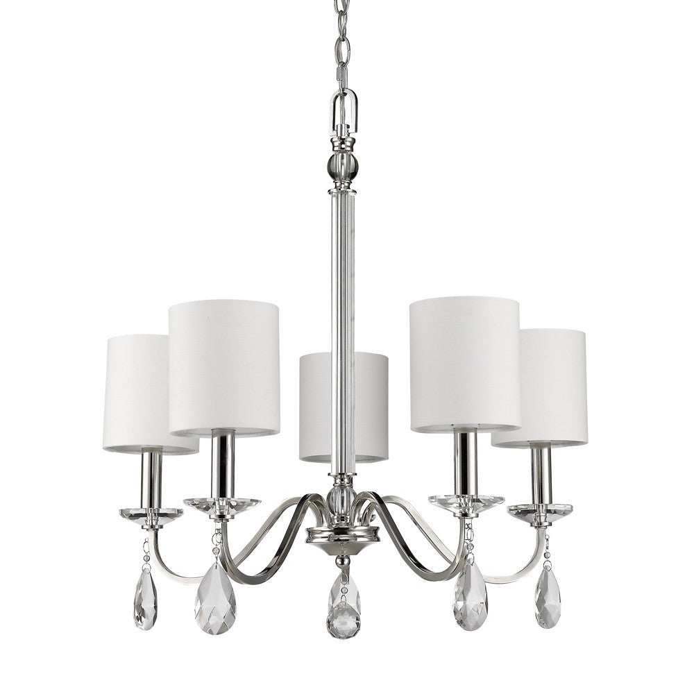 Silver Candle Style Five Light Metal and Crystals Dimmable Chandelier With White Shades - Homeroots - Flyclothing LLC
