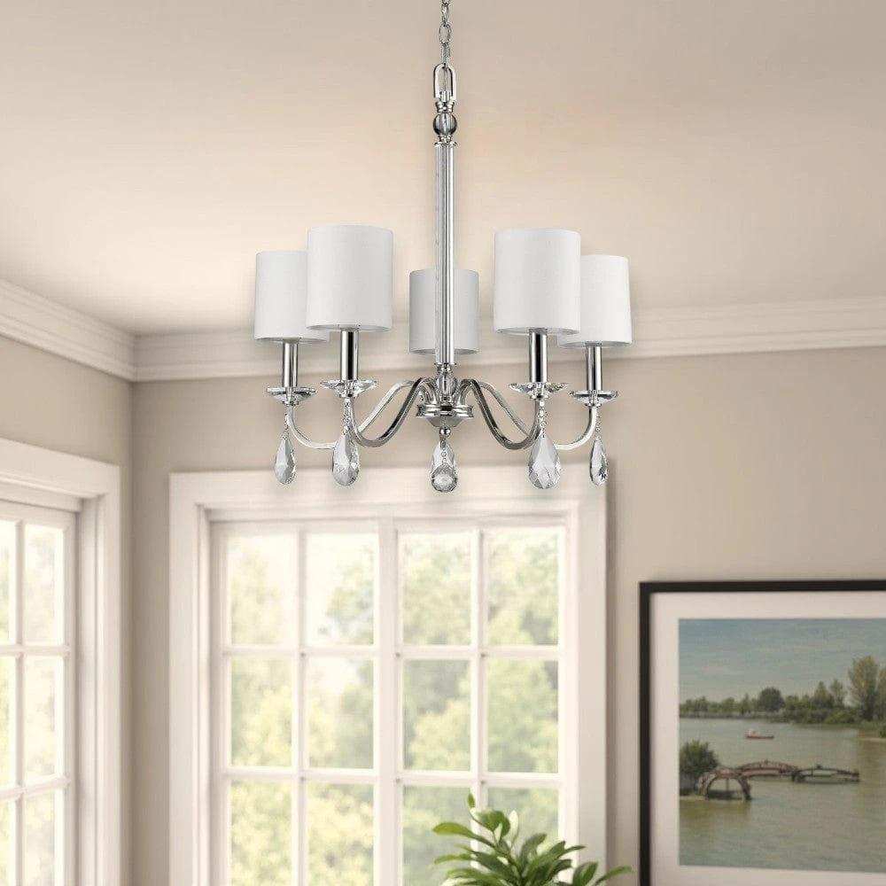 Silver Candle Style Five Light Metal and Crystals Dimmable Chandelier With White Shades - Homeroots - Flyclothing LLC