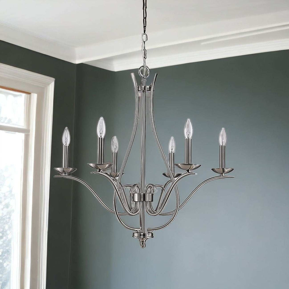 Nickel Candle Style Six Light Metal Dimmable Chandelier - Homeroots - Flyclothing LLC