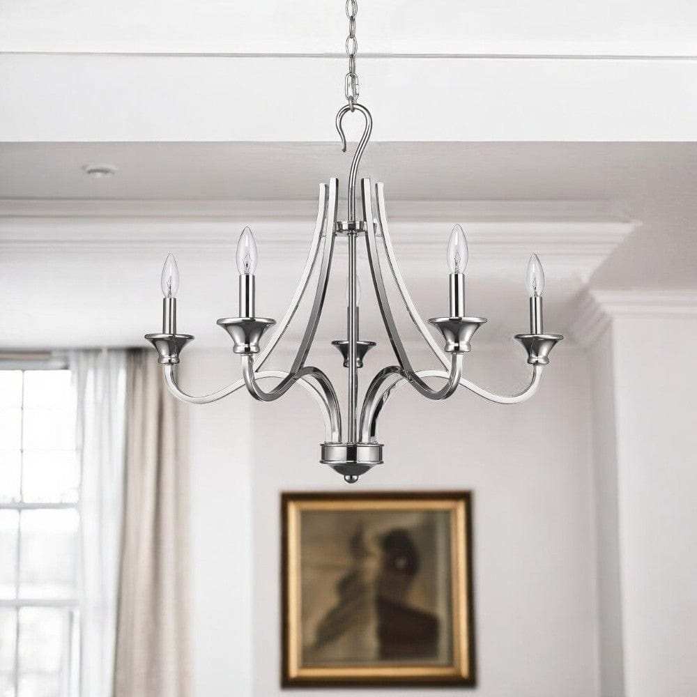 Nickel Candle Style Five Light Metal Dimmable Chandelier - Homeroots - Flyclothing LLC