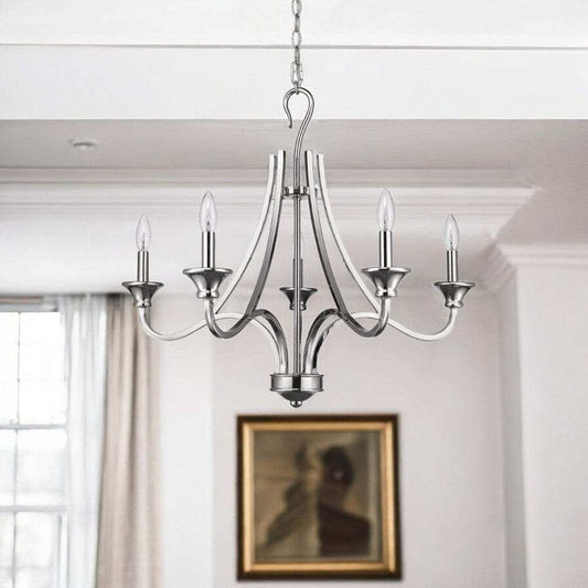 Nickel Candle Style Five Light Metal Dimmable Chandelier - Homeroots - Flyclothing LLC
