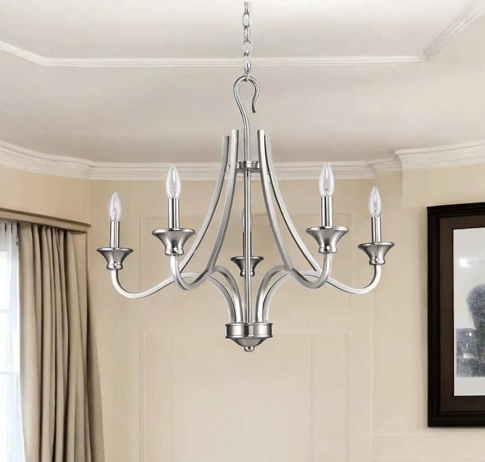 Silver Candle Style Five Light Metal Dimmable Chandelier - Homeroots - Flyclothing LLC
