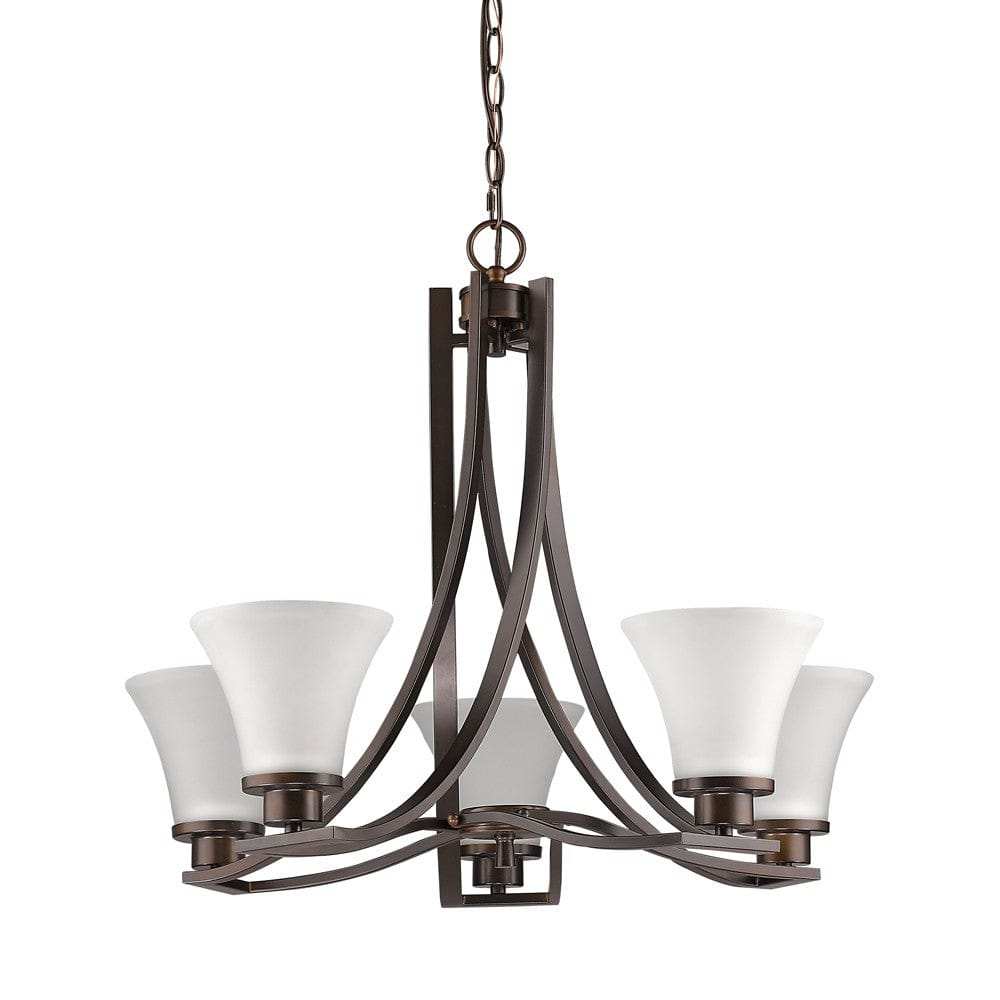 Bronze Candle Style Five Light Frosted Metal Dimmable Chandelier With White Shades - Homeroots - Flyclothing LLC