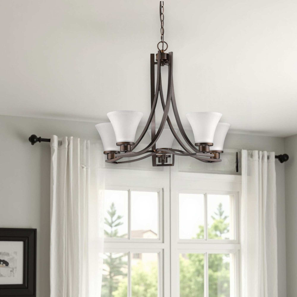 Bronze Candle Style Five Light Frosted Metal Dimmable Chandelier With White Shades - Homeroots - Flyclothing LLC