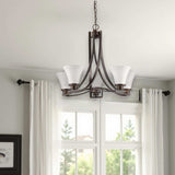 Bronze Candle Style Five Light Frosted Metal Dimmable Chandelier With White Shades - Homeroots - Flyclothing LLC
