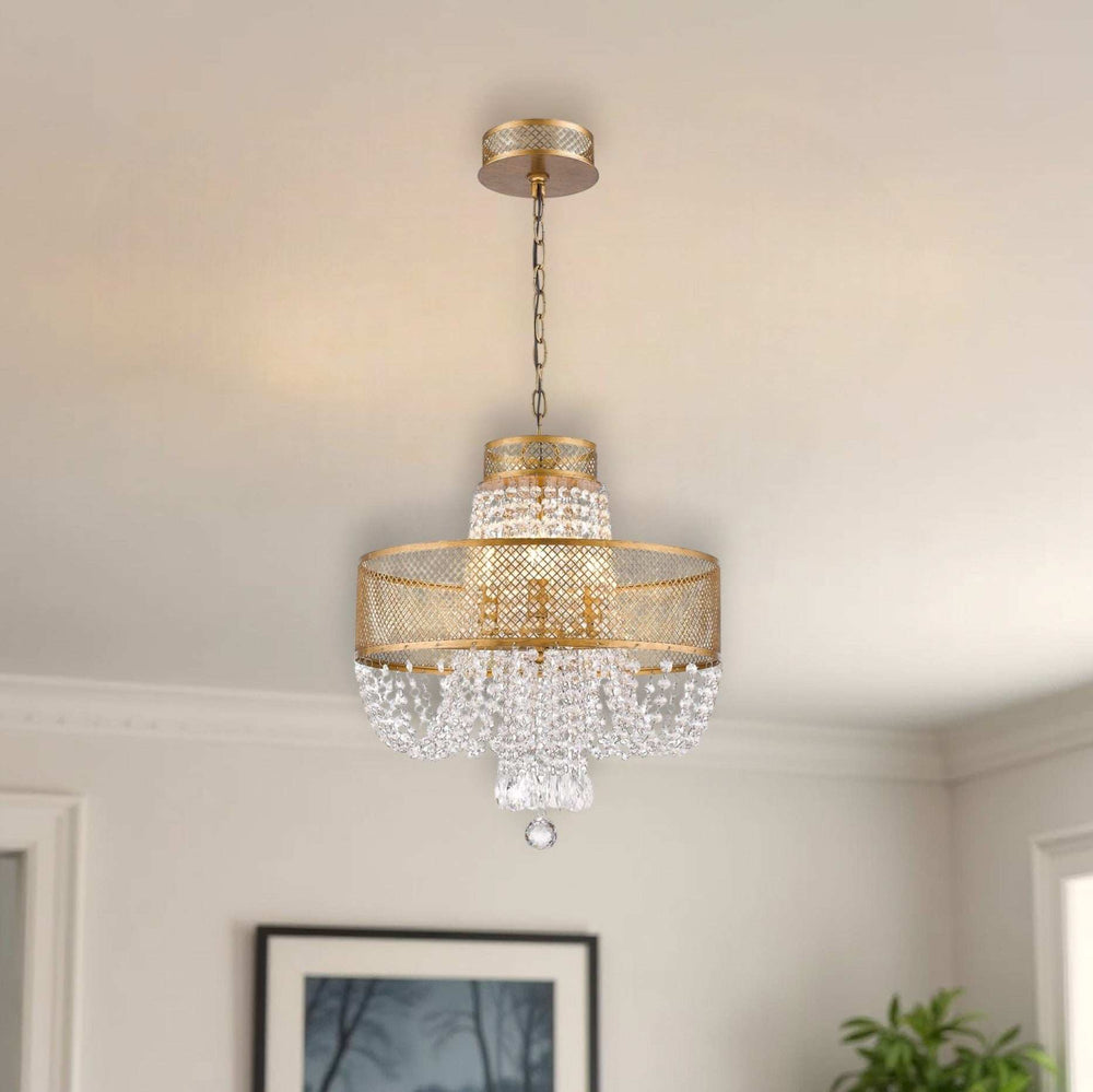 Gold Four Light Metal and Crystals Dimmable Chandelier With Shades - Homeroots - Flyclothing LLC
