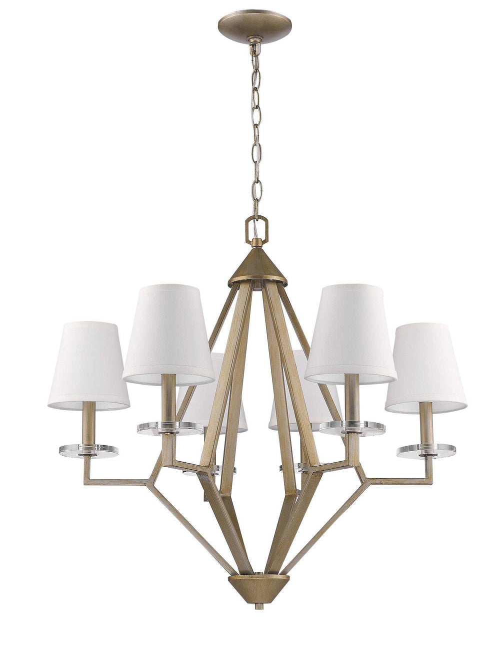 Gold Candle Style Six Light Metal and Crystals Dimmable Chandelier With White Shades - Homeroots - Flyclothing LLC