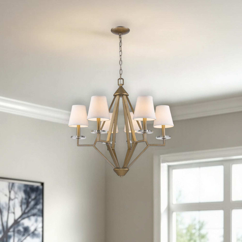 Gold Candle Style Six Light Metal and Crystals Dimmable Chandelier With White Shades - Homeroots - Flyclothing LLC