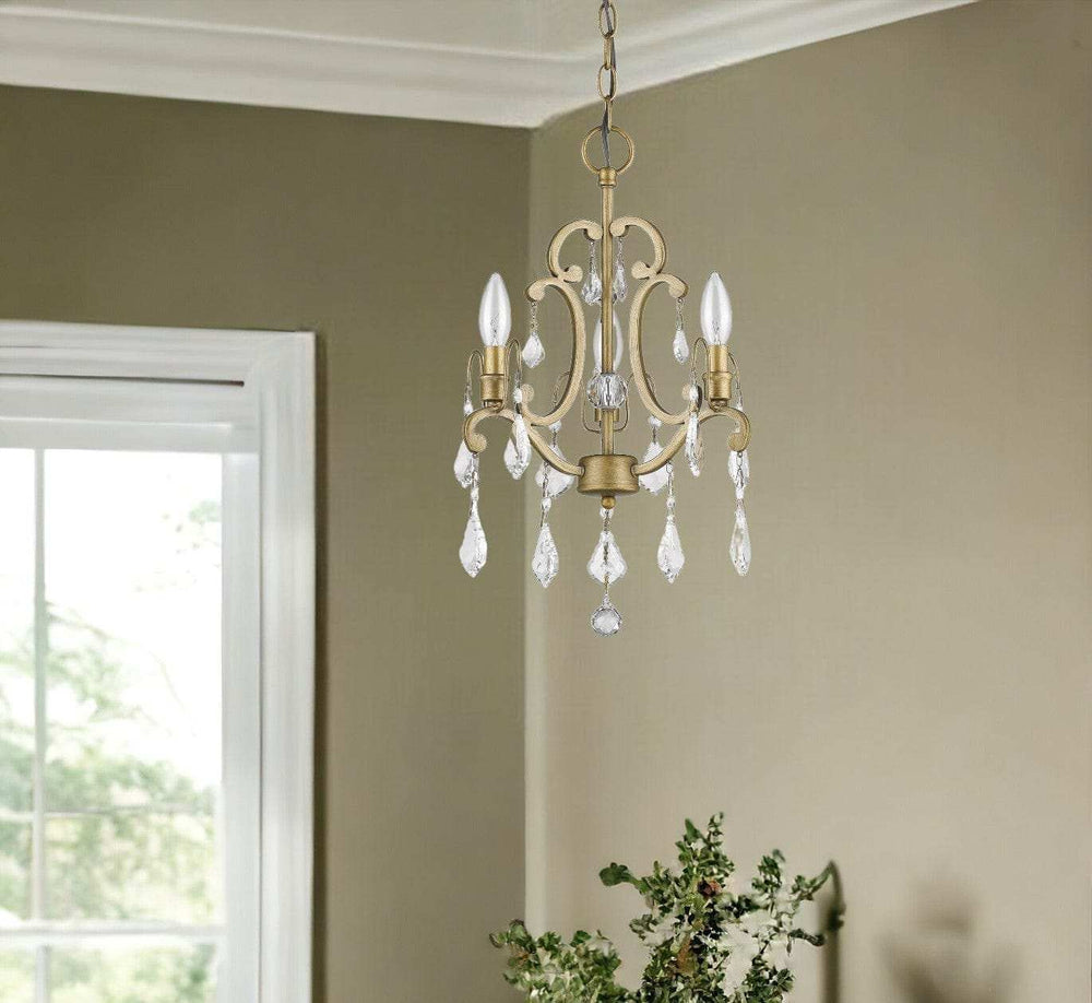 Gold Candle Style Three Light Crystal Metal Dimmable Chandelier - Homeroots - Flyclothing LLC