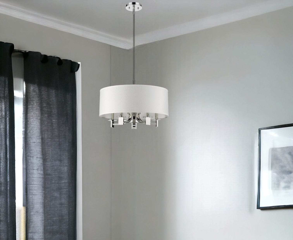 Andrea 5-Light Polished Nickel Drum Pendant With Ivory Hardback Shade - Homeroots - Flyclothing LLC