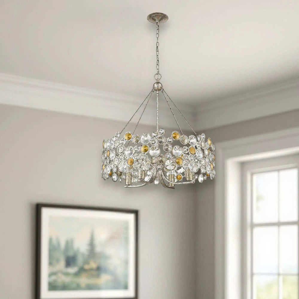 Silver Shaded Four Light Metal and Crystals Dimmable Chandelier With Silver Shades - Homeroots - Flyclothing LLC