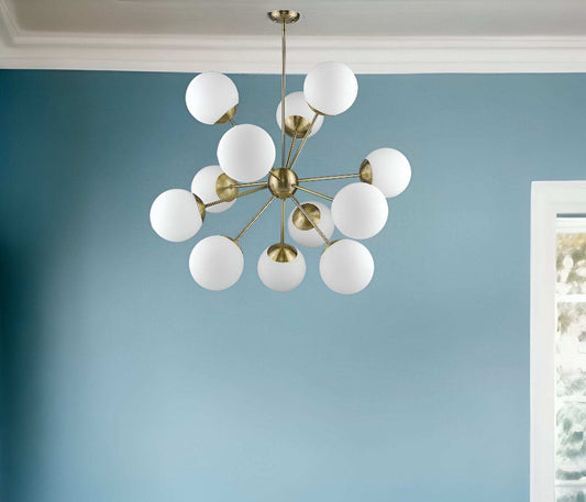 Brass Sputnik Twelve Light Frosted Metal Dimmable Chandelier With White Shades - Homeroots - Flyclothing LLC