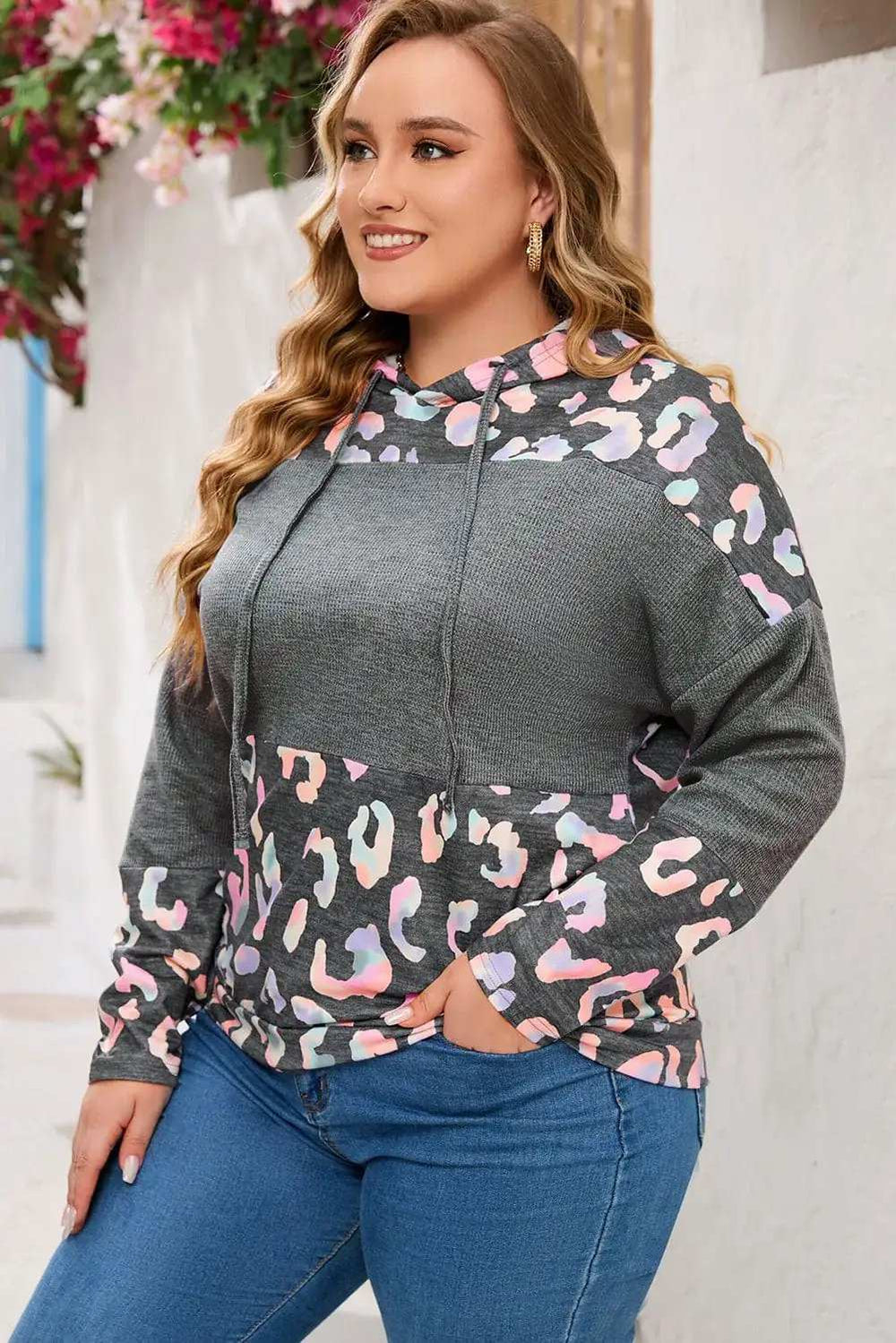 Plus Size Leopard Dropped Shoulder Long Sleeve Hoodie - Trendsi - Flyclothing LLC