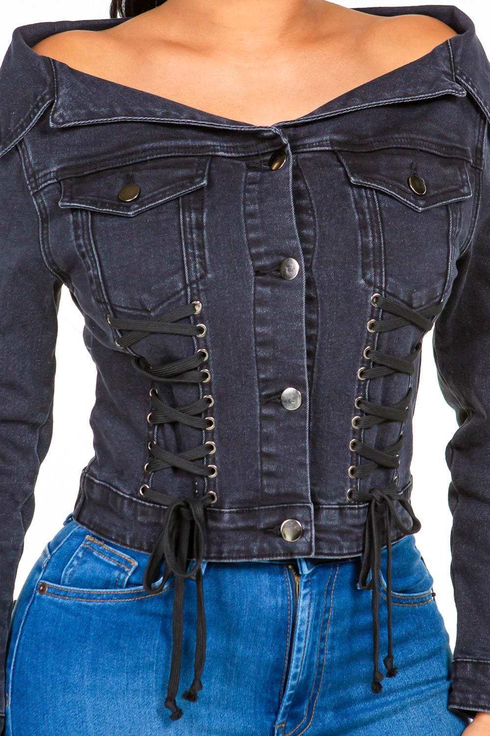 American Bazi Off Shoulder Lace Up Denim Jacket - Trendsi - Flyclothing LLC