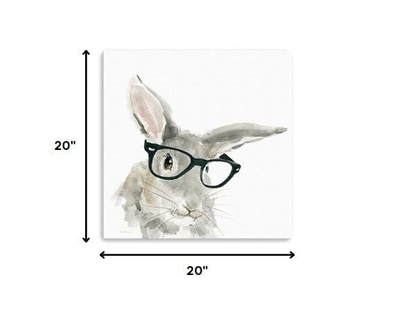 20" x 20" Watercolor Cutie Rabbit in Glasses Canvas Wall Art - Homeroots