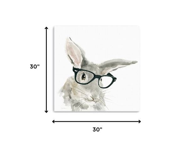 30" x 30" Watercolor Cutie Rabbit in Glasses Canvas Wall Art - Homeroots