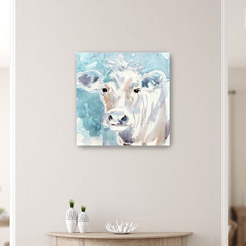 20" x 20" Blue Pastel Watercolor Cow Unframed Canvas Wall Art - Homeroots - Flyclothing LLC