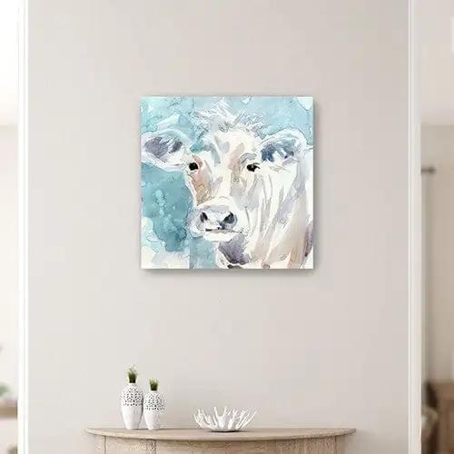 30" x 30" Blue Pastel Watercolor Cow Unframed Canvas Wall Art - Homeroots - Flyclothing LLC