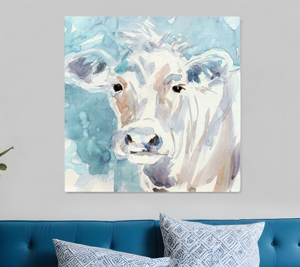 40" x 40" Blue Pastel Watercolor Cow Unframed Canvas Wall Art - Homeroots - Flyclothing LLC