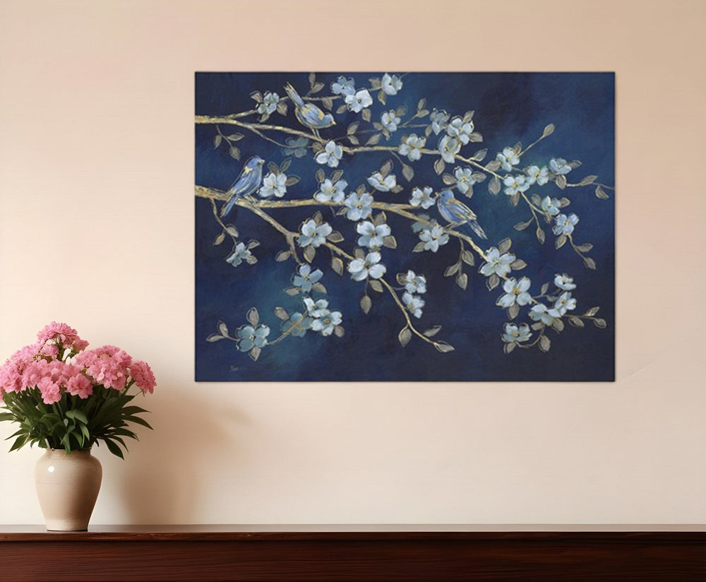 18" x 24" Navy Blue Watercolor Midnight Bird Rendezvous Canvas Wall Art - Homeroots - Flyclothing LLC