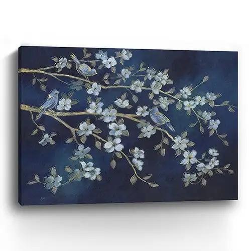 24" x 32" Navy Blue Watercolor Midnight Bird Rendezvous Canvas Wall Art - Homeroots - Flyclothing LLC