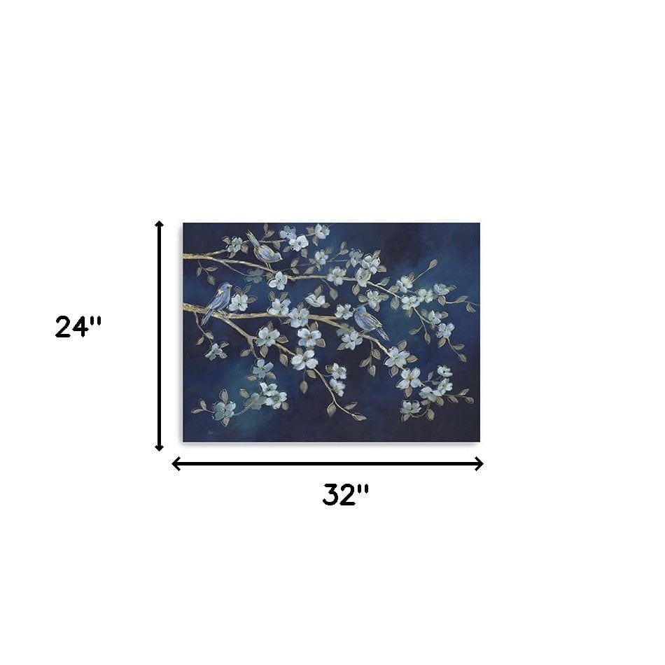 24" x 32" Navy Blue Watercolor Midnight Bird Rendezvous Canvas Wall Art - Homeroots - Flyclothing LLC