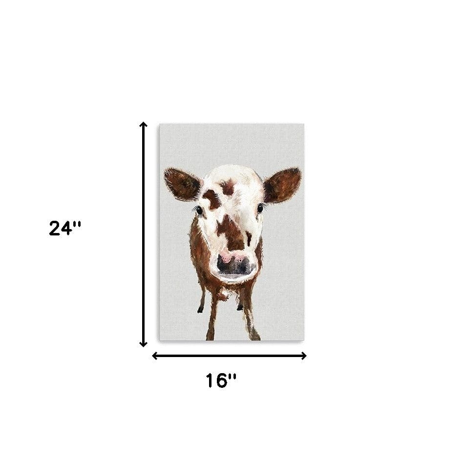 24" x 16" Brown and White Baby Cow Face Canvas Wall Art - Homeroots - Flyclothing LLC