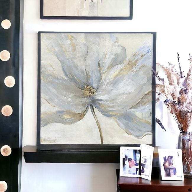 Soft Blue And Grey Flower With Gold Details Unframed Print Wall Art - Homeroots - Flyclothing LLC