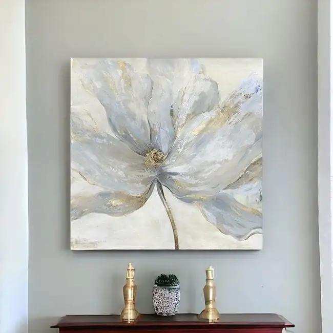 Soft Blue And Grey Flower With Gold Details Unframed Print Wall Art - Homeroots - Flyclothing LLC