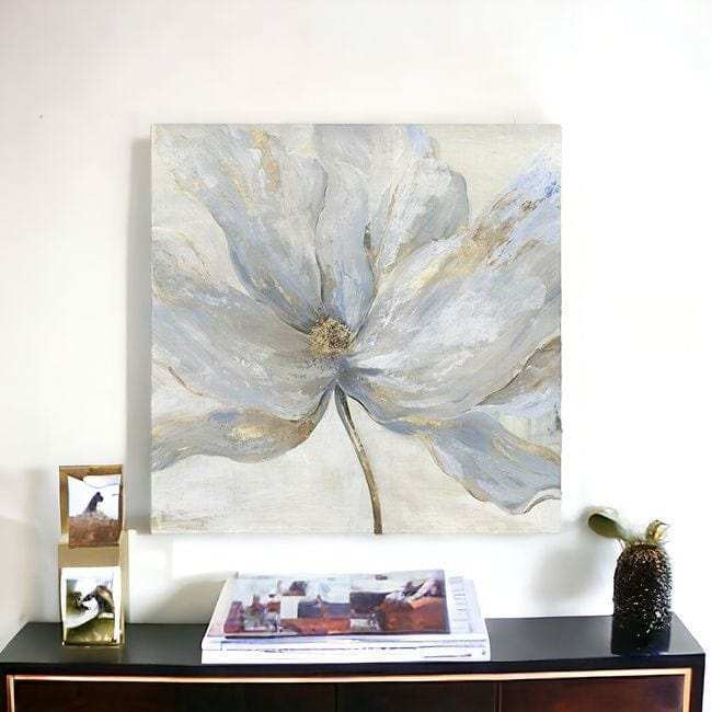 Soft Blue And Grey Flower With Gold Details Unframed Print Wall Art - Homeroots - Flyclothing LLC
