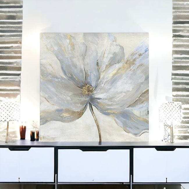 Soft Blue And Grey Flower With Gold Details Unframed Print Wall Art - Homeroots - Flyclothing LLC