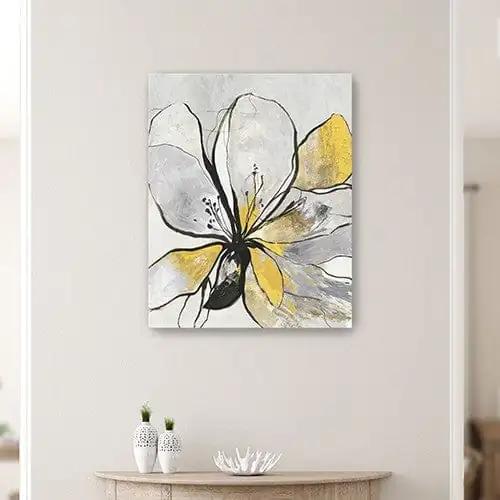 20" Modern Yellow and Black Flower in Bloom Canvas Wall Art - Homeroots