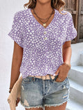 Printed V-Neck Short Sleeve Blouse - Trendsi - Flyclothing LLC