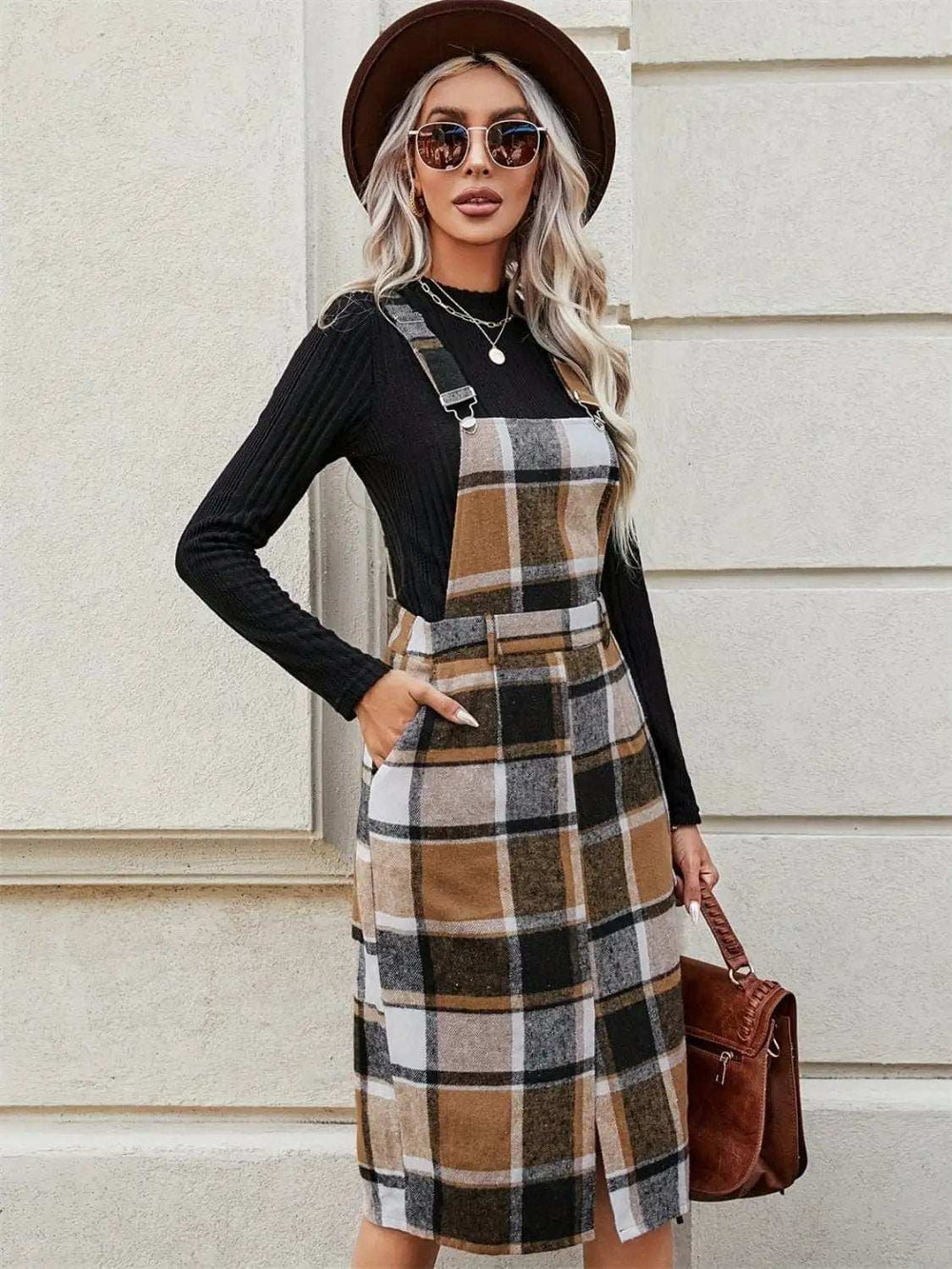 Slit Plaid Wide Strap Overall Dress - Trendsi - Flyclothing LLC
