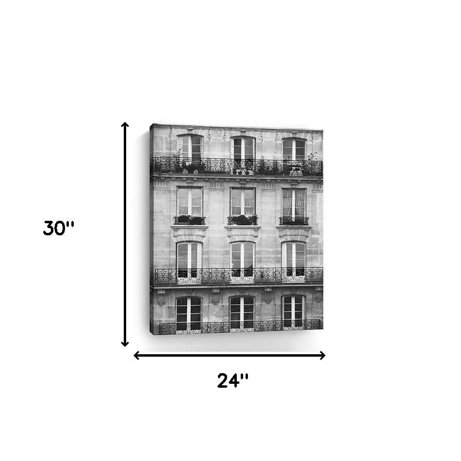 30" x 24" Balcony View Black and White Photo Real Canvas Wall Art - Homeroots