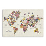 24" x 16" Fun Floral Map of the World Canvas Wall Art - Homeroots