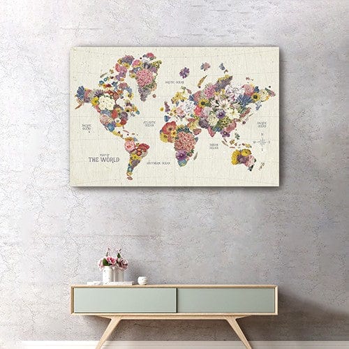 24" x 16" Fun Floral Map of the World Canvas Wall Art - Homeroots