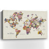 24" x 16" Fun Floral Map of the World Canvas Wall Art - Homeroots