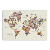 36" x 24" Fun Floral Map of the World Canvas Wall Art - Homeroots