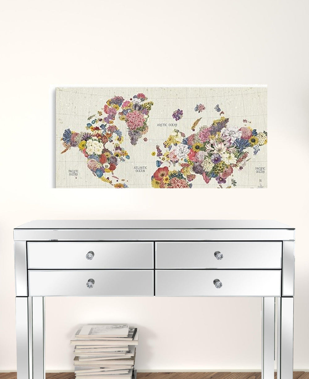 36" x 24" Fun Floral Map of the World Canvas Wall Art - Homeroots